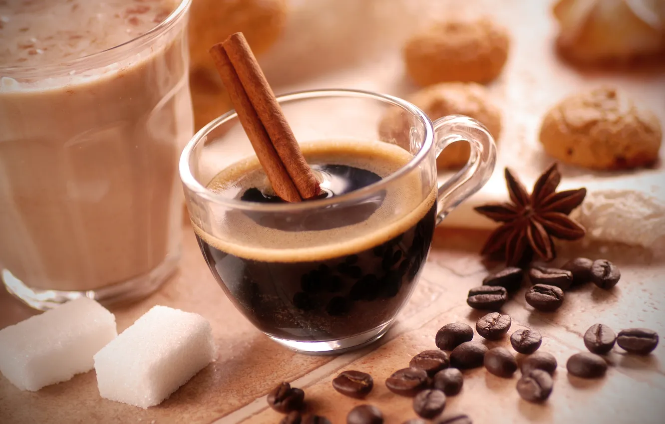 Photo wallpaper glass, coffee, grain, sticks, cookies, Cup, sugar, cinnamon