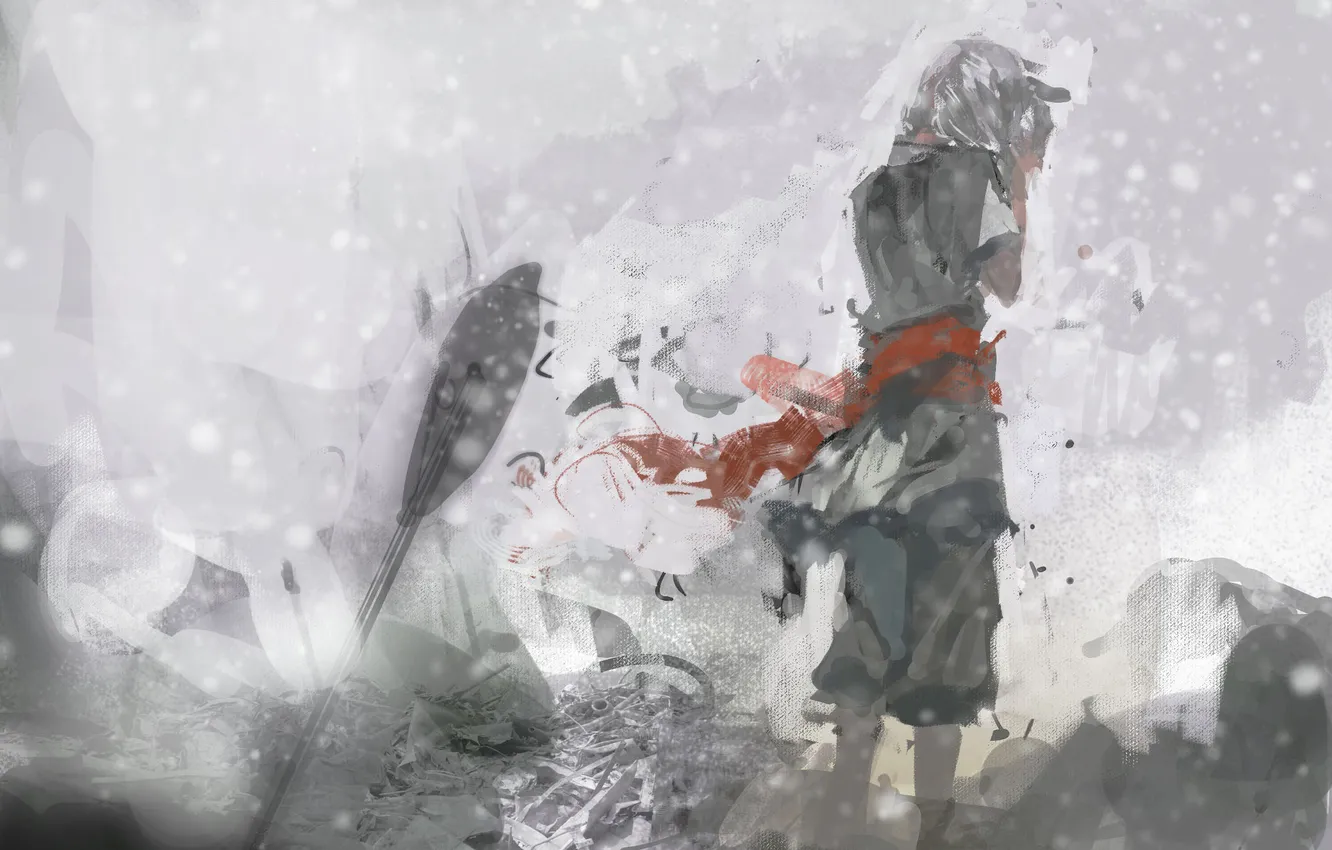 Photo wallpaper red, ash, boy, ruins, arrows, monochrome