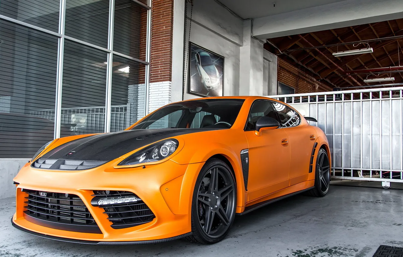Photo wallpaper tuning, Porsche, Panamera, the front, orange, Matte
