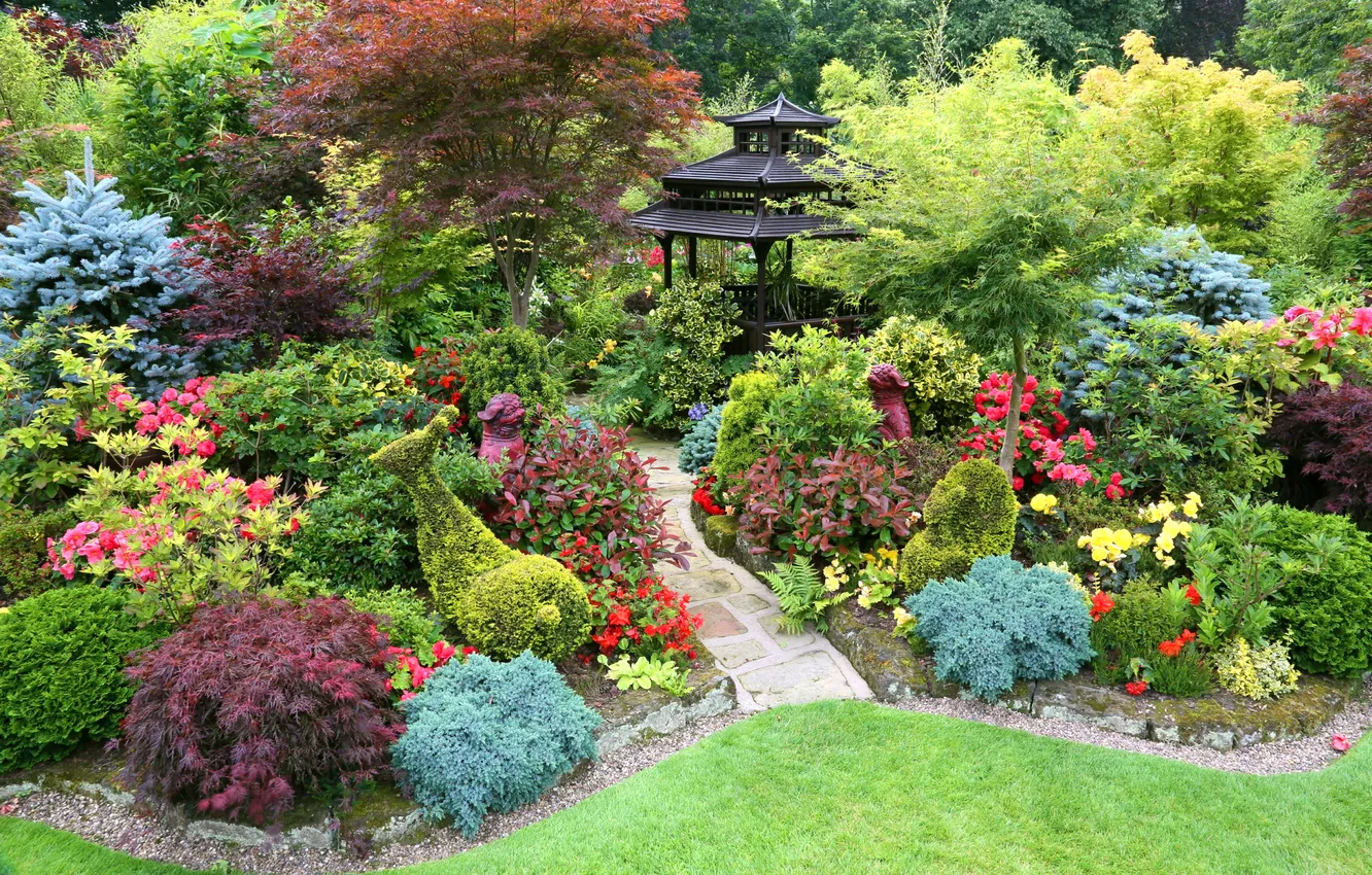 Photo wallpaper trees, flowers, lawn, garden, track, gazebo, the bushes