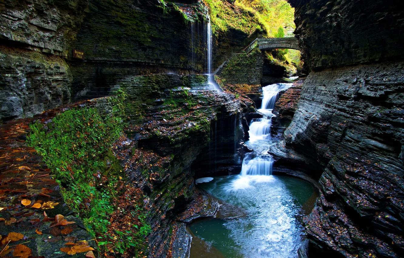 Photo wallpaper bridge, river, rocks, waterfall, gorge