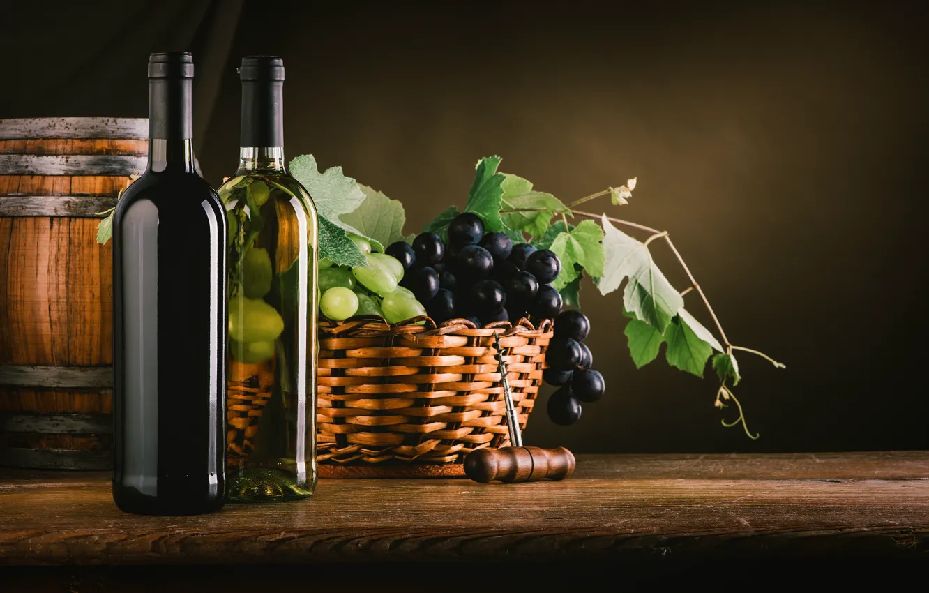 Photo wallpaper leaves, wine, basket, grapes, bottle, twilight, corkscrew, barrel