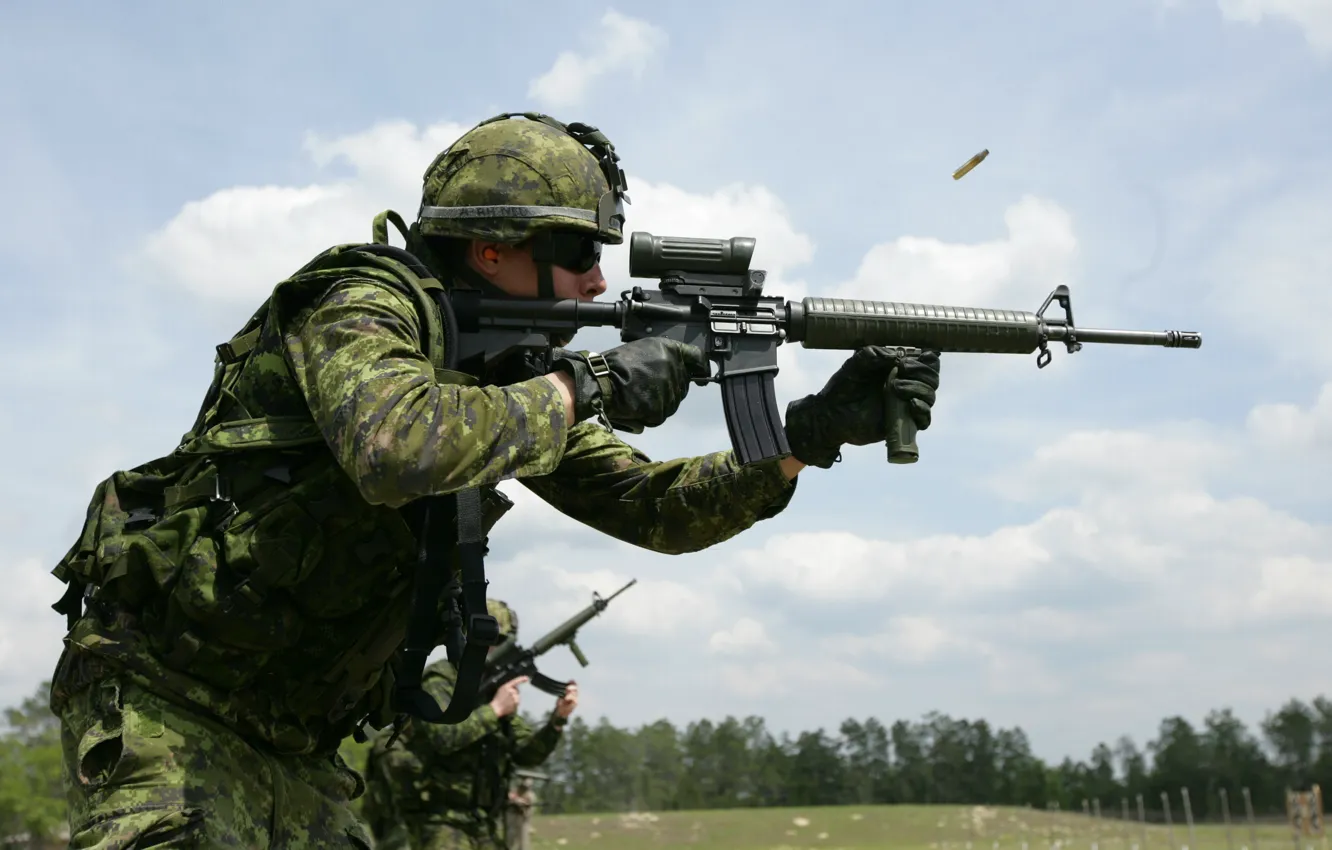 Photo wallpaper soldier, trees, man, warrior, Canadian, pearls, assault rifle, uniform