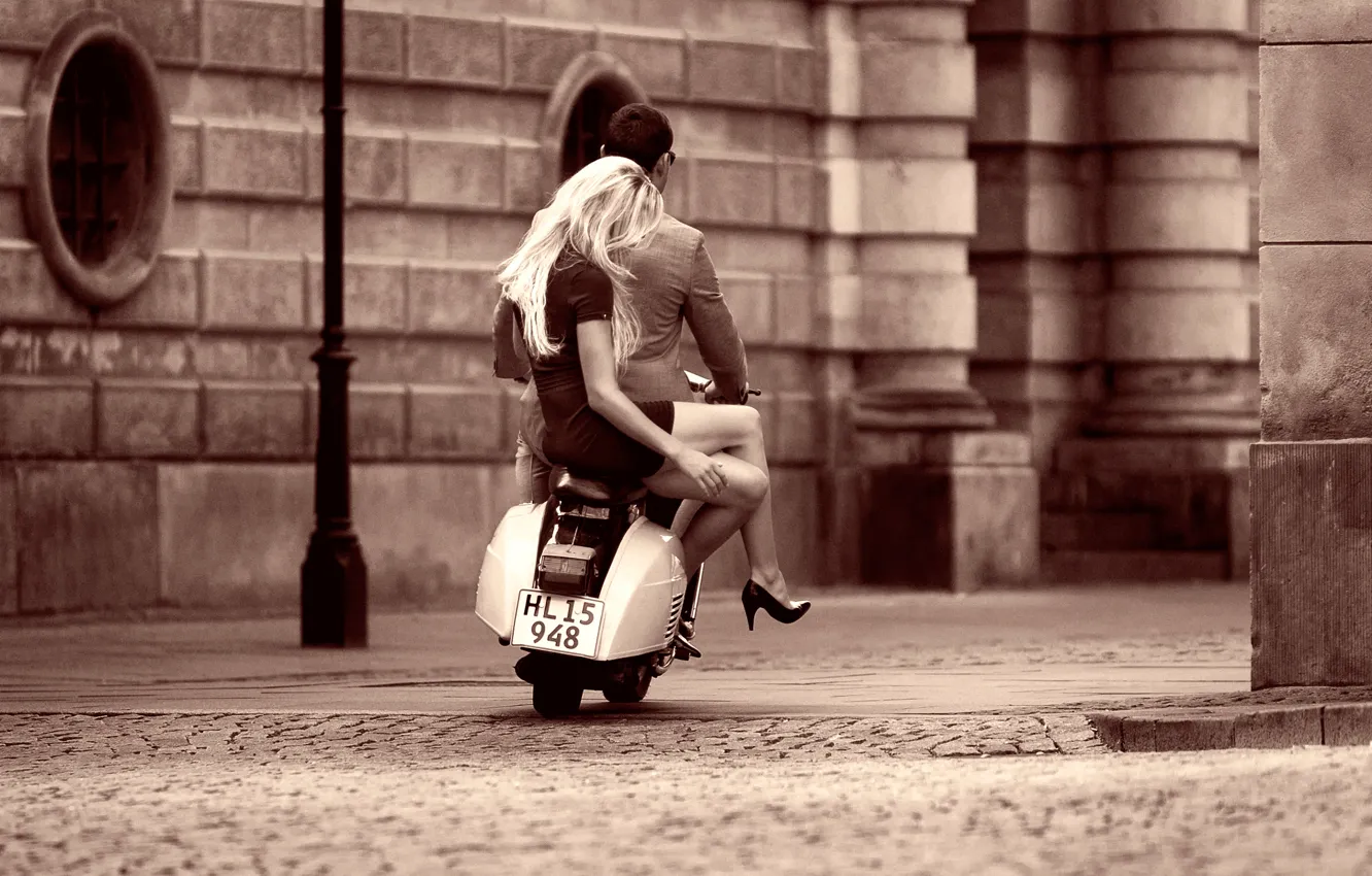 Photo wallpaper girl, vintage, dress, retro, man, Denmark, Vespa, Copenhagen