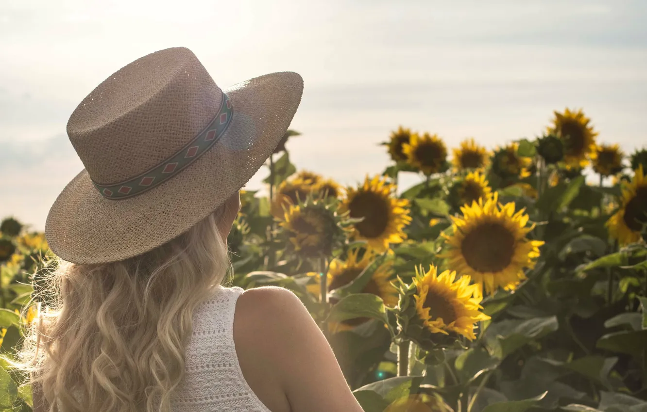 Photo wallpaper flowers, hat, blonde, girl, summer, sunflowers