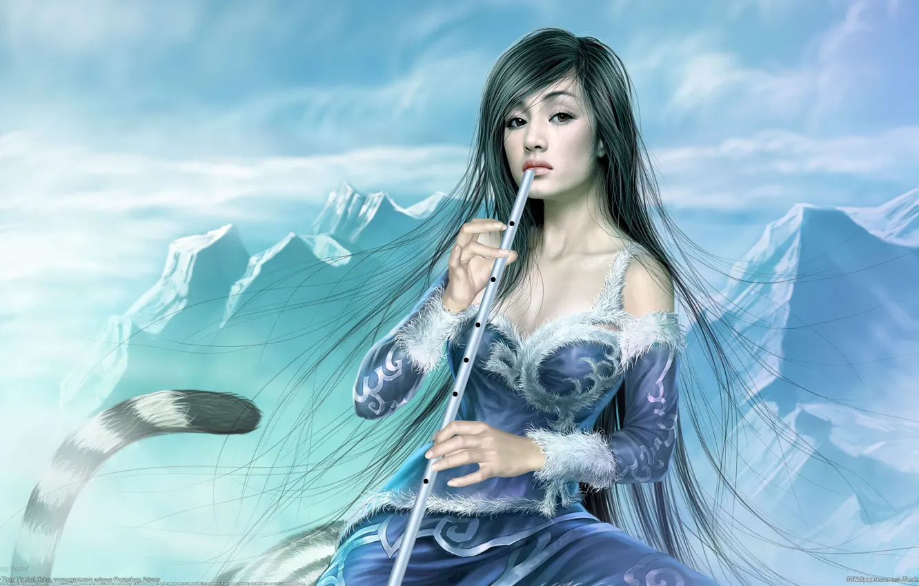 Photo wallpaper winter, girl, mountains, tiger, fantasy