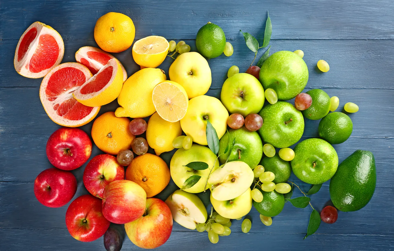 Photo wallpaper red, green, lemon, apples, grapes, fruit, grapefruit, avocado