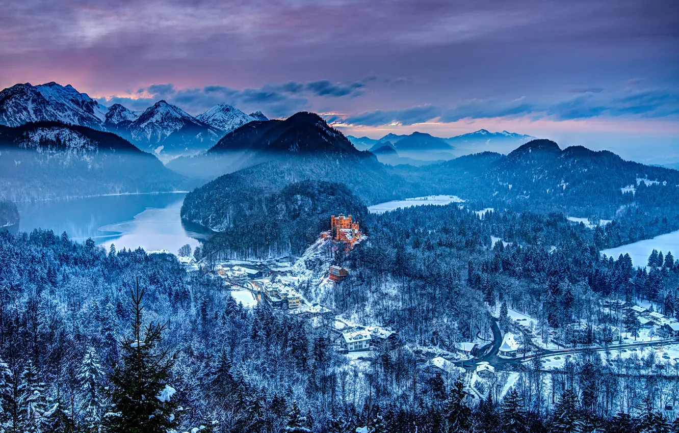 Photo wallpaper winter, forest, snow, mountains, lake, castle, Germany, Hohenschwangau