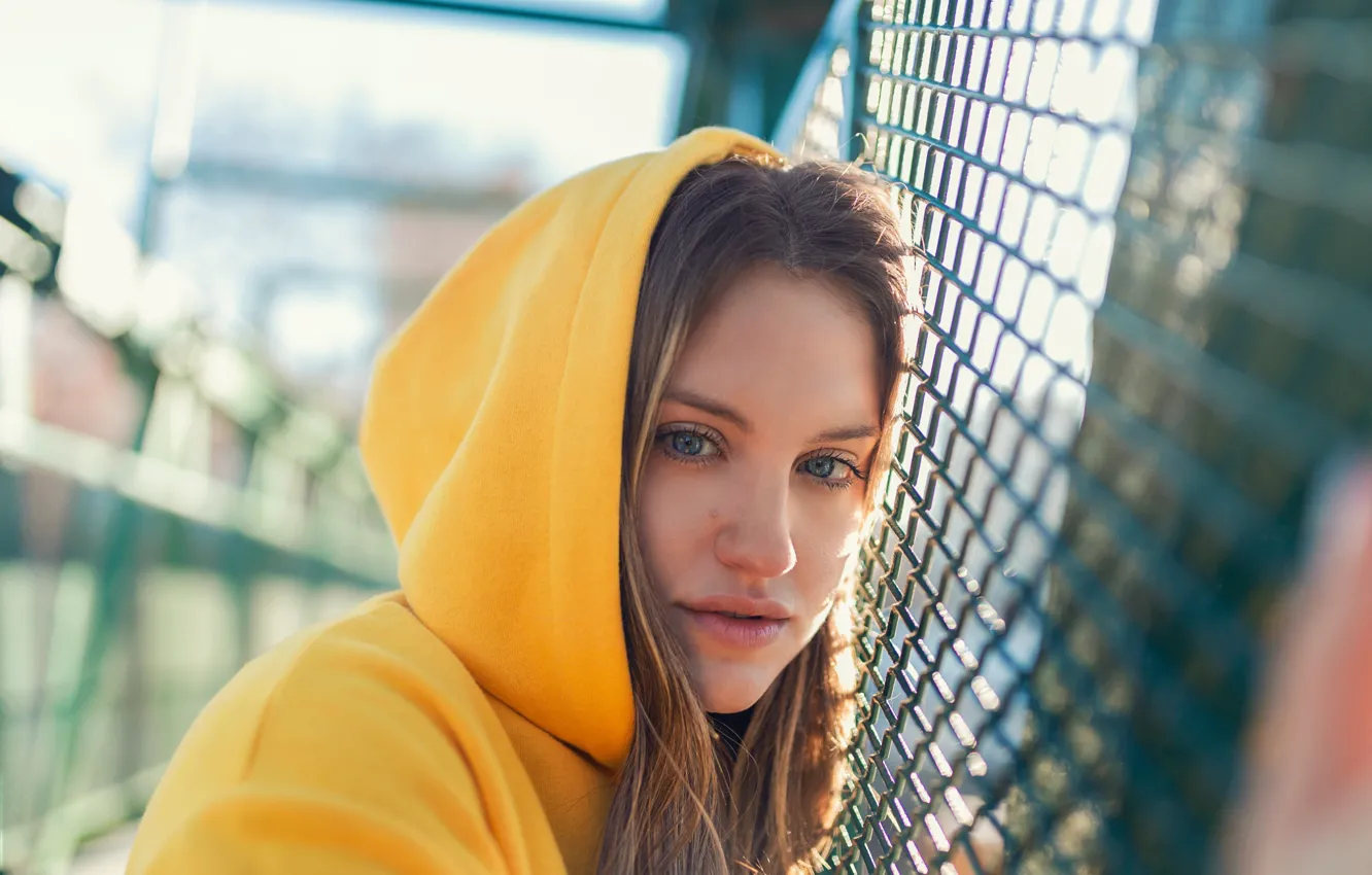 Photo wallpaper girl, brown hair, photo, photographer, blue eyes, model, fence, lips