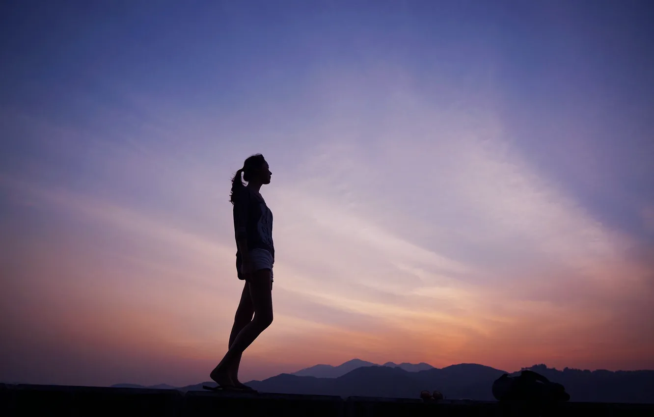 Photo wallpaper the sky, girl, landscape, sunset, mountains, the evening, silhouette, glasses