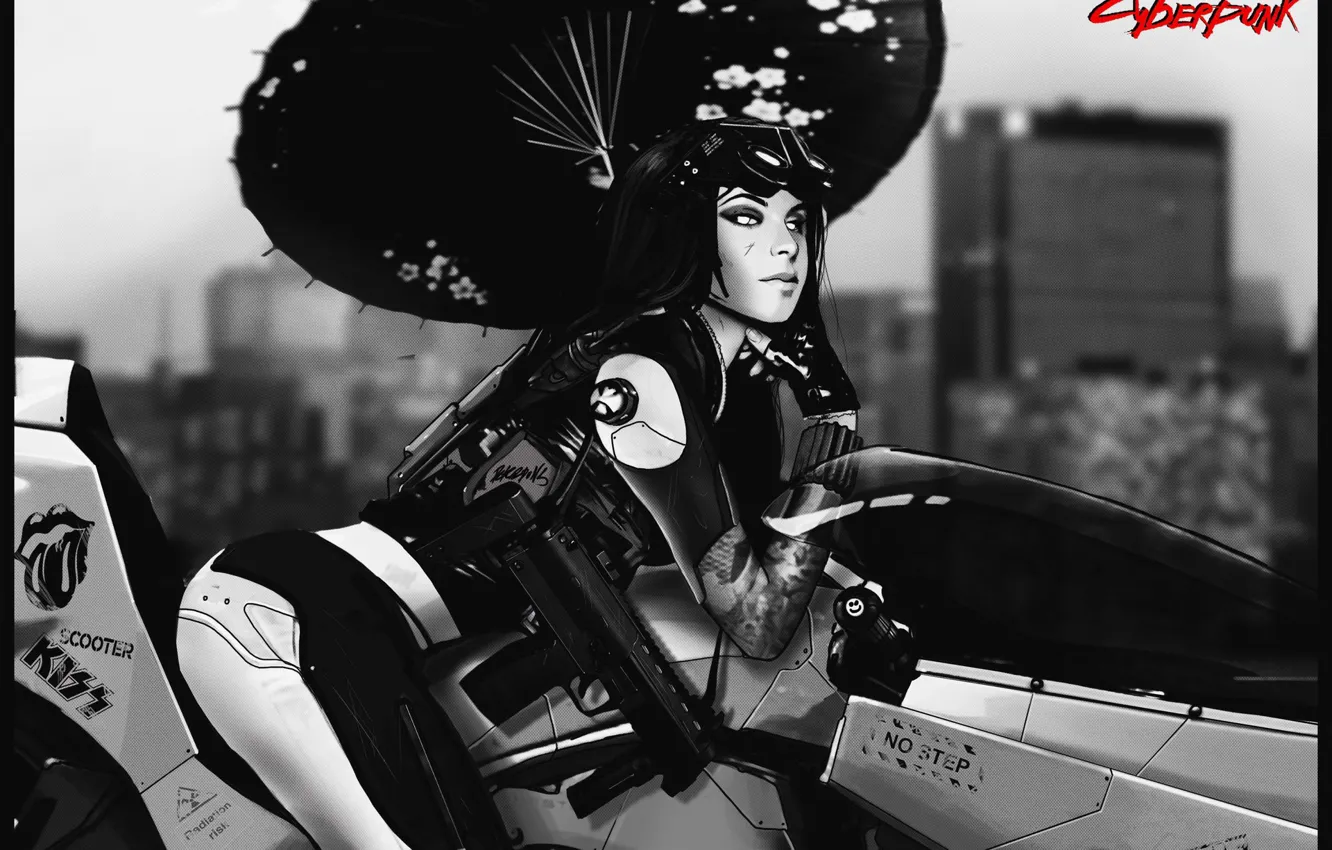 Photo wallpaper Girl, Style, Girl, Umbrella, Bike, Weapons, Umbrella, Fantasy
