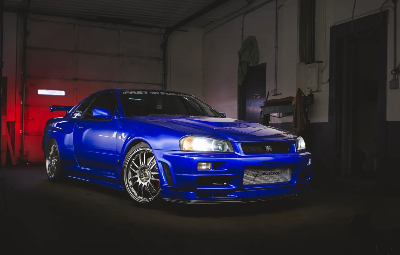 Photo wallpaper Light, GT-R, Blue, Skyline, R34, Garage