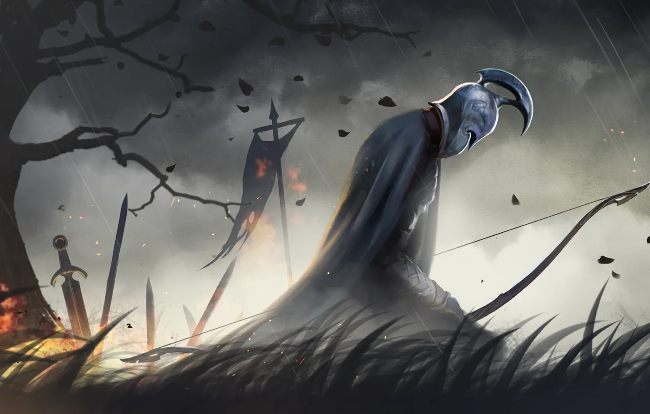 Photo wallpaper sword, fantasy, soldier, rain, tree, Spartan, bow, artwork