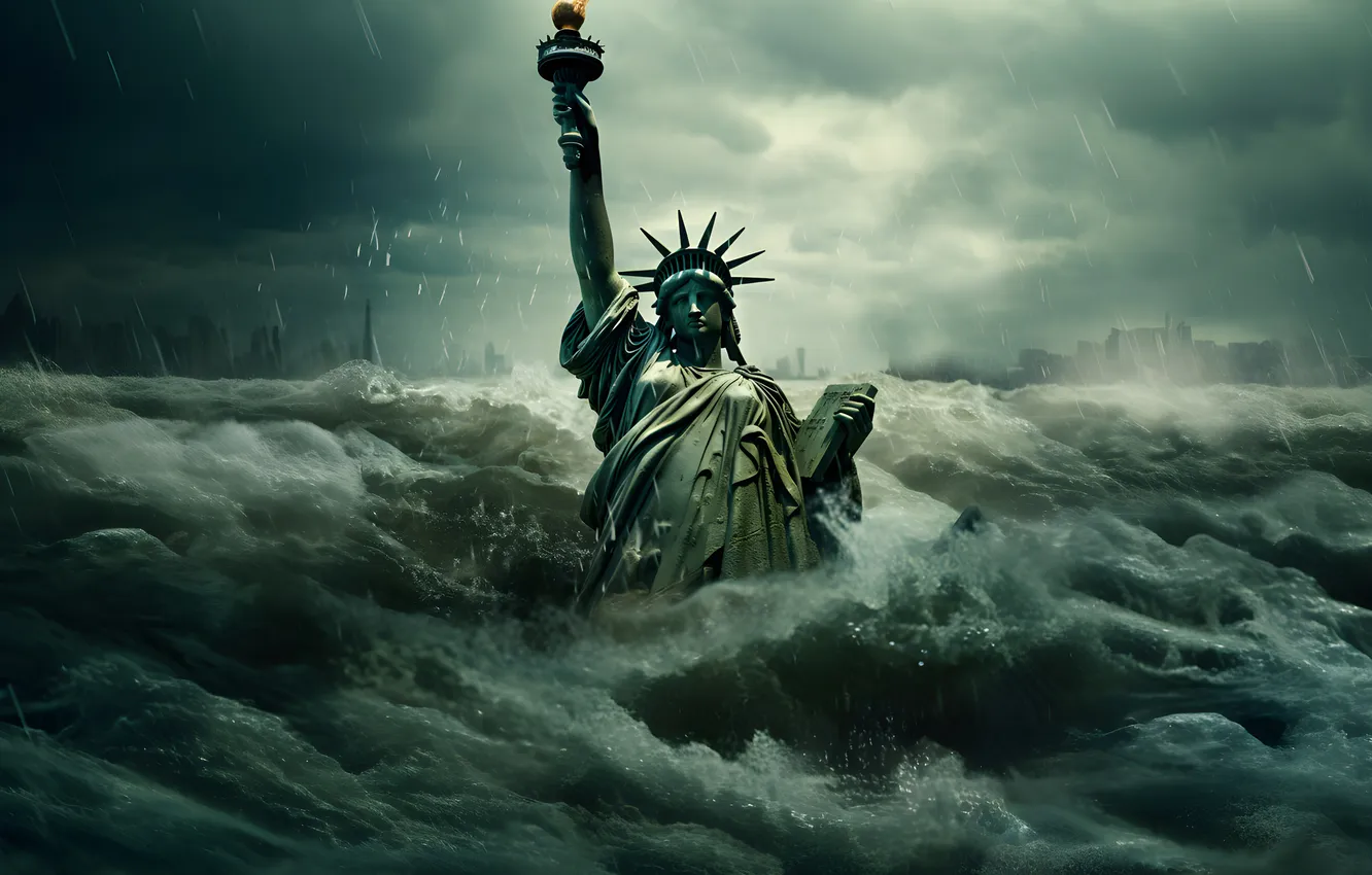 Photo wallpaper water, clouds, rain, New York, flood, statue, USA, United States