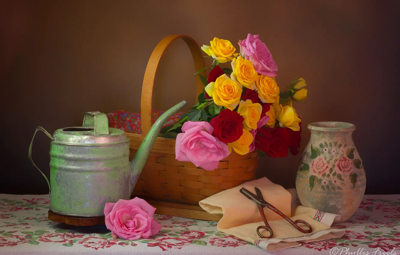 Photo wallpaper flowers, style, basket, roses, vase, lake, still life, basket