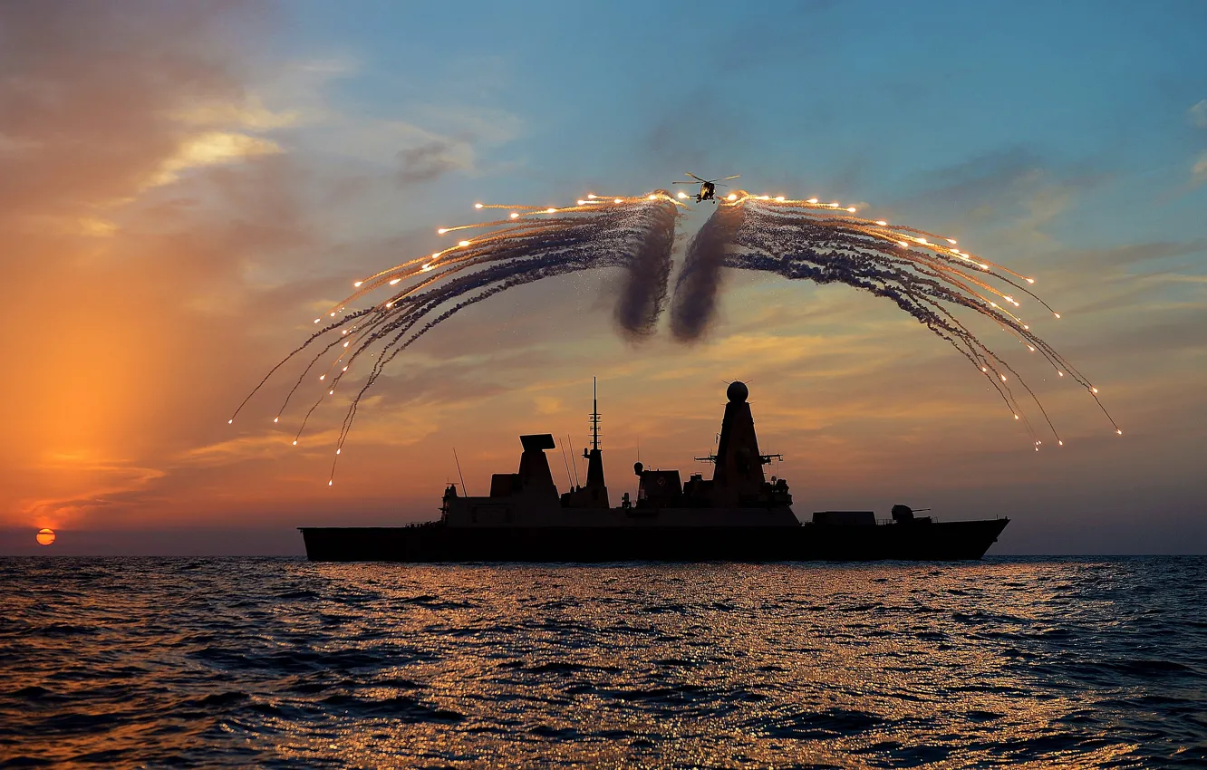 Photo wallpaper sunset, ship, silhouette, helicopter, Westland Lynx, shooting, heat lowest