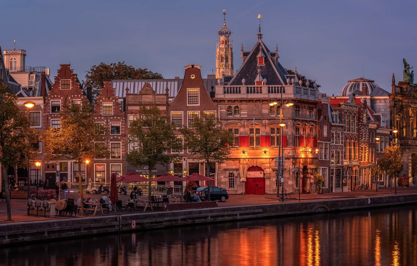 Photo wallpaper river, home, Amsterdam, cafe, Netherlands, promenade, Holland