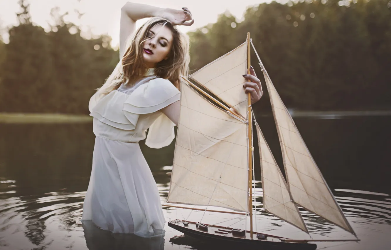Photo wallpaper water, girl, boat