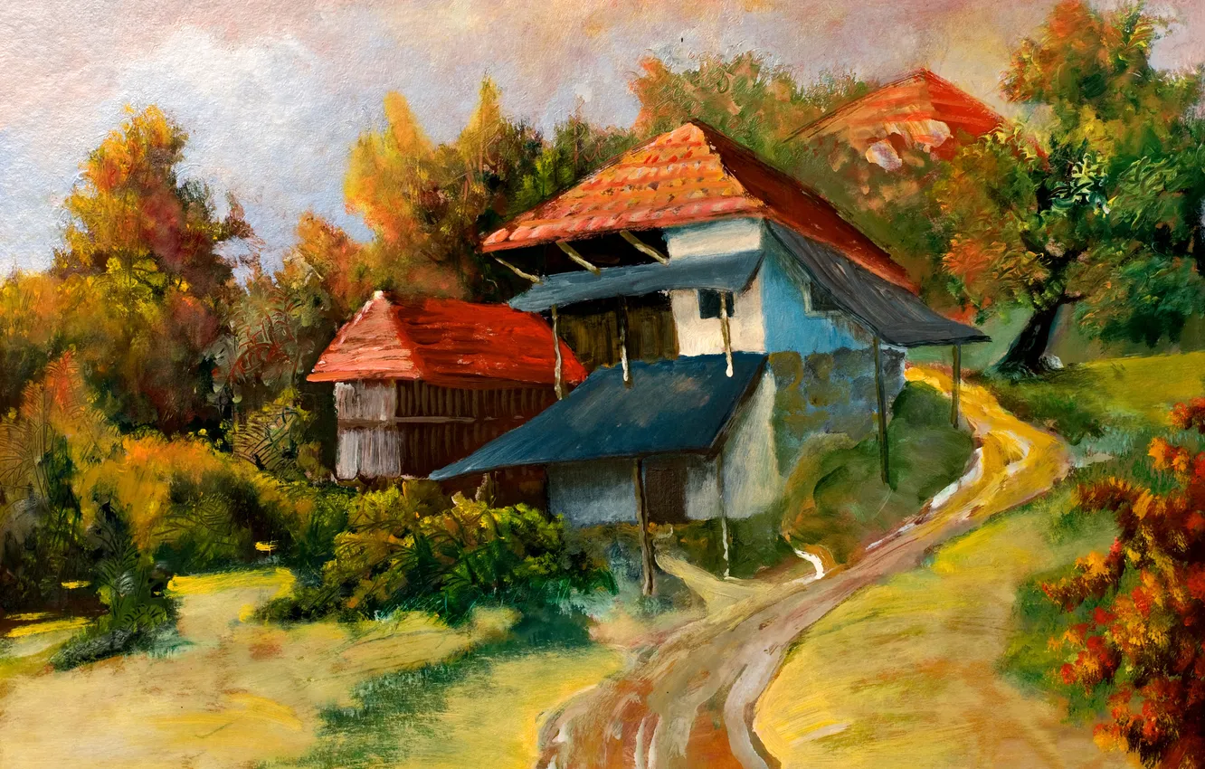 Photo wallpaper road, autumn, trees, house, extension