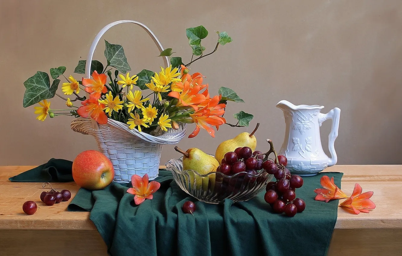Photo wallpaper flowers, basket, apples, grapes, vase, pitcher, fruit, still life