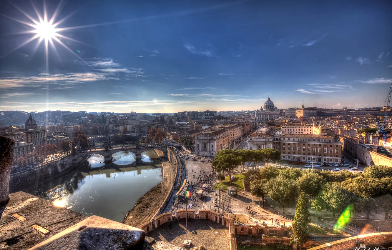 Photo wallpaper the sky, the sun, rays, bridge, river, street, home, Rome