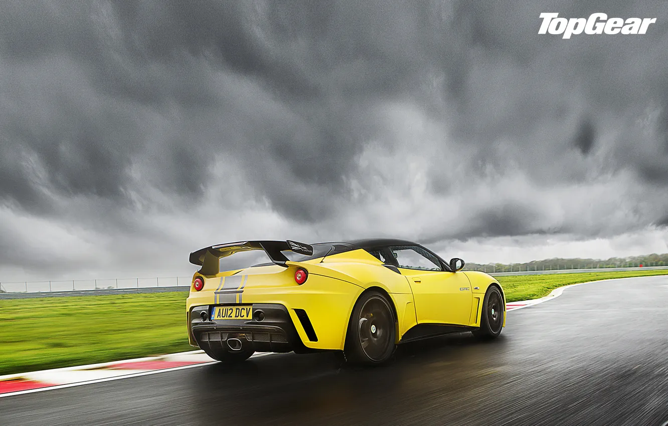 Photo wallpaper the sky, yellow, clouds, car, top gear, top gear, Lotus Evora GTE