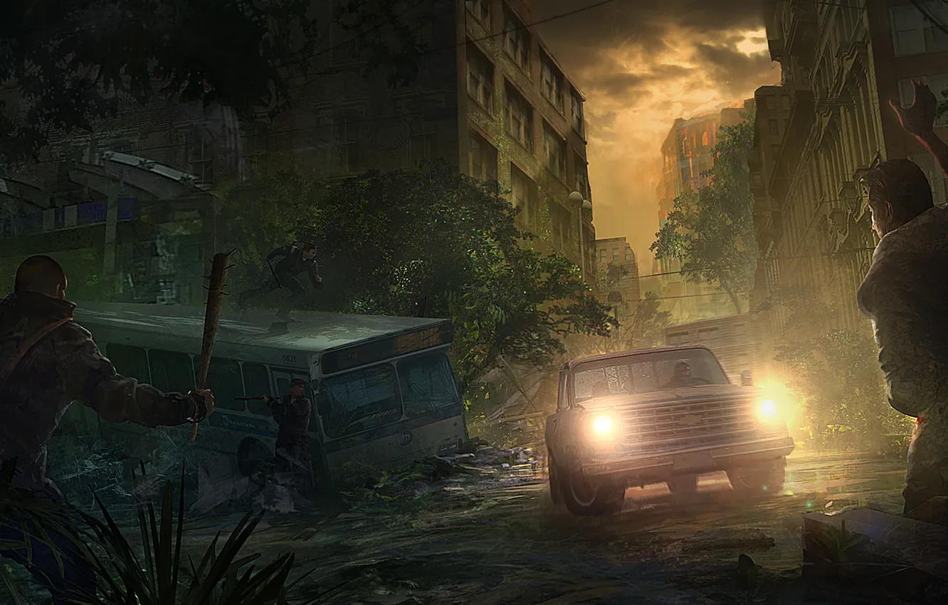 Photo wallpaper machine, the city, the evening, the bandits, Ellie, The Last of Us, Joel, Moroder