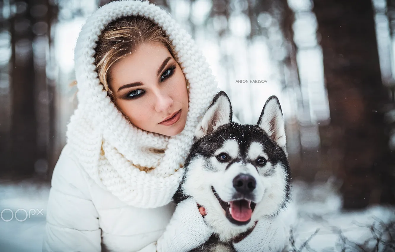 Photo wallpaper winter, look, face, girl, snow, each, portrait, dog