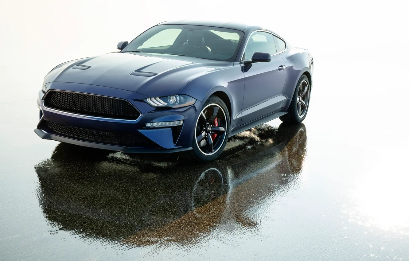 Photo wallpaper Mustang, Ford, front view, 2018, Bullitt, Kona Blue