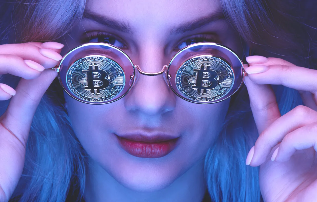 Photo wallpaper girl, glasses, coin, bitcoin