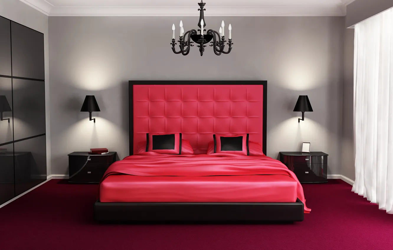 Photo wallpaper design, bed, interior, chandelier, bedroom, Mihalis A.