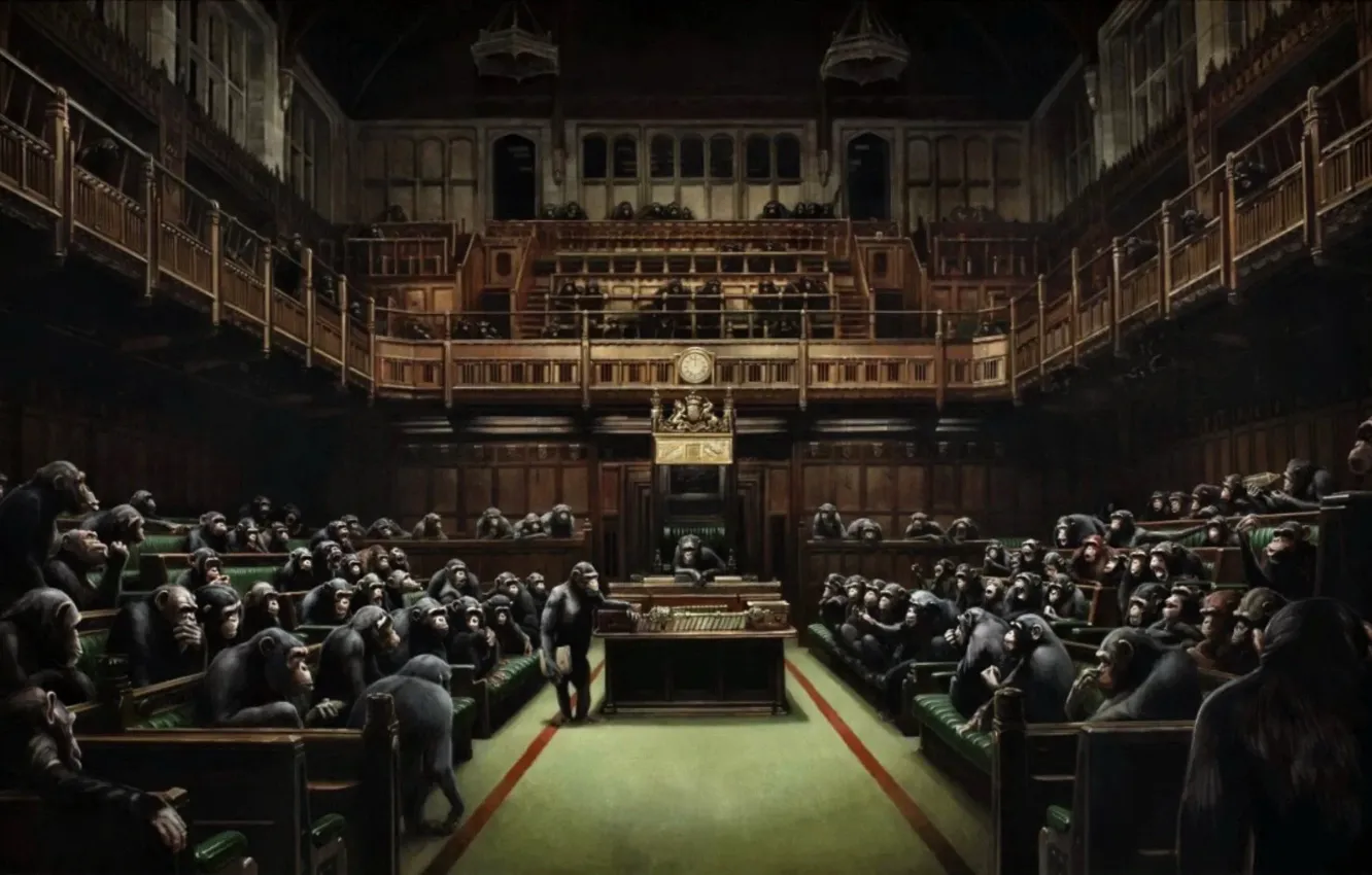Photo wallpaper picture, Banksy, Devolved Parliament, Monkeys in the British Parliament