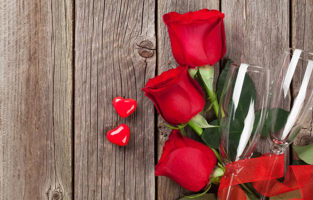 Photo wallpaper love, flowers, roses, bouquet, glasses, hearts, red, red
