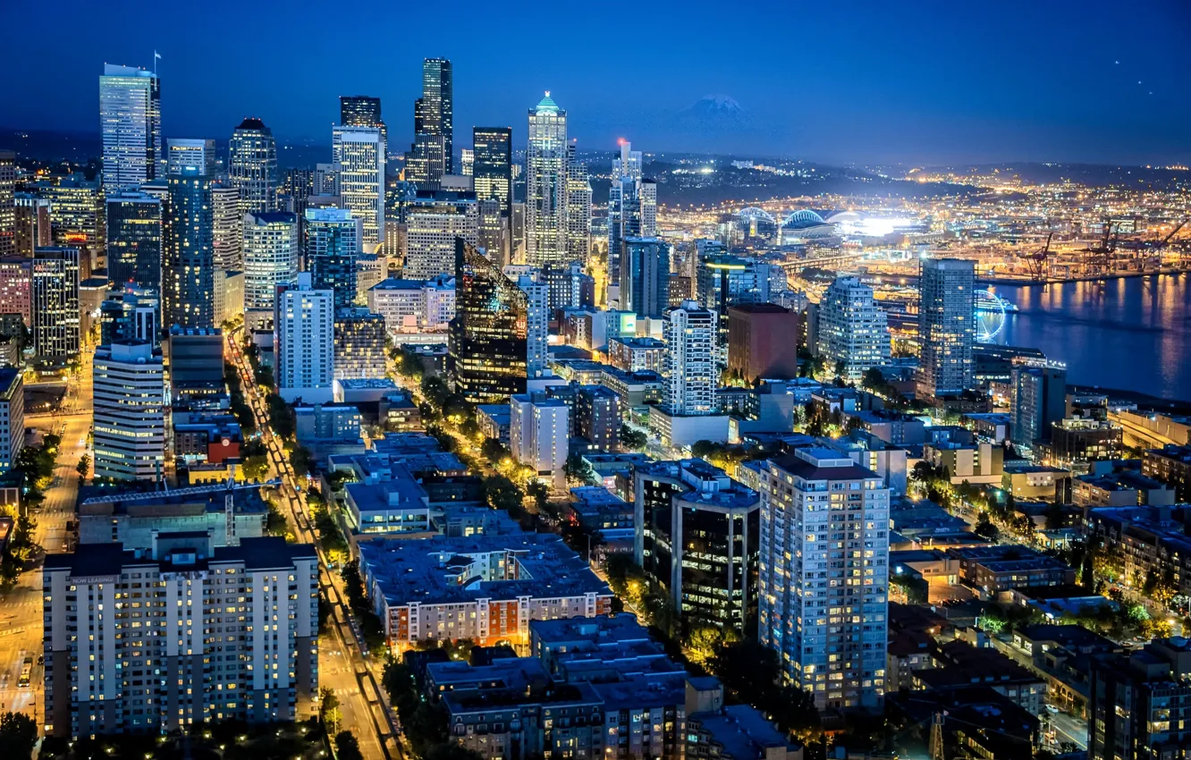 Photo wallpaper road, night, the city, lights, building, home, skyscrapers, backlight