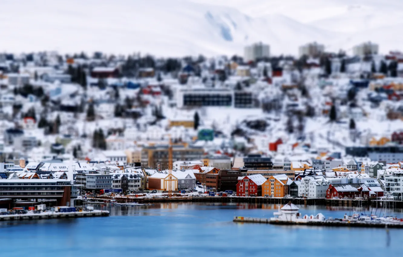 Photo wallpaper winter, snow, boat, home, port, Norway, Tromso, Troms