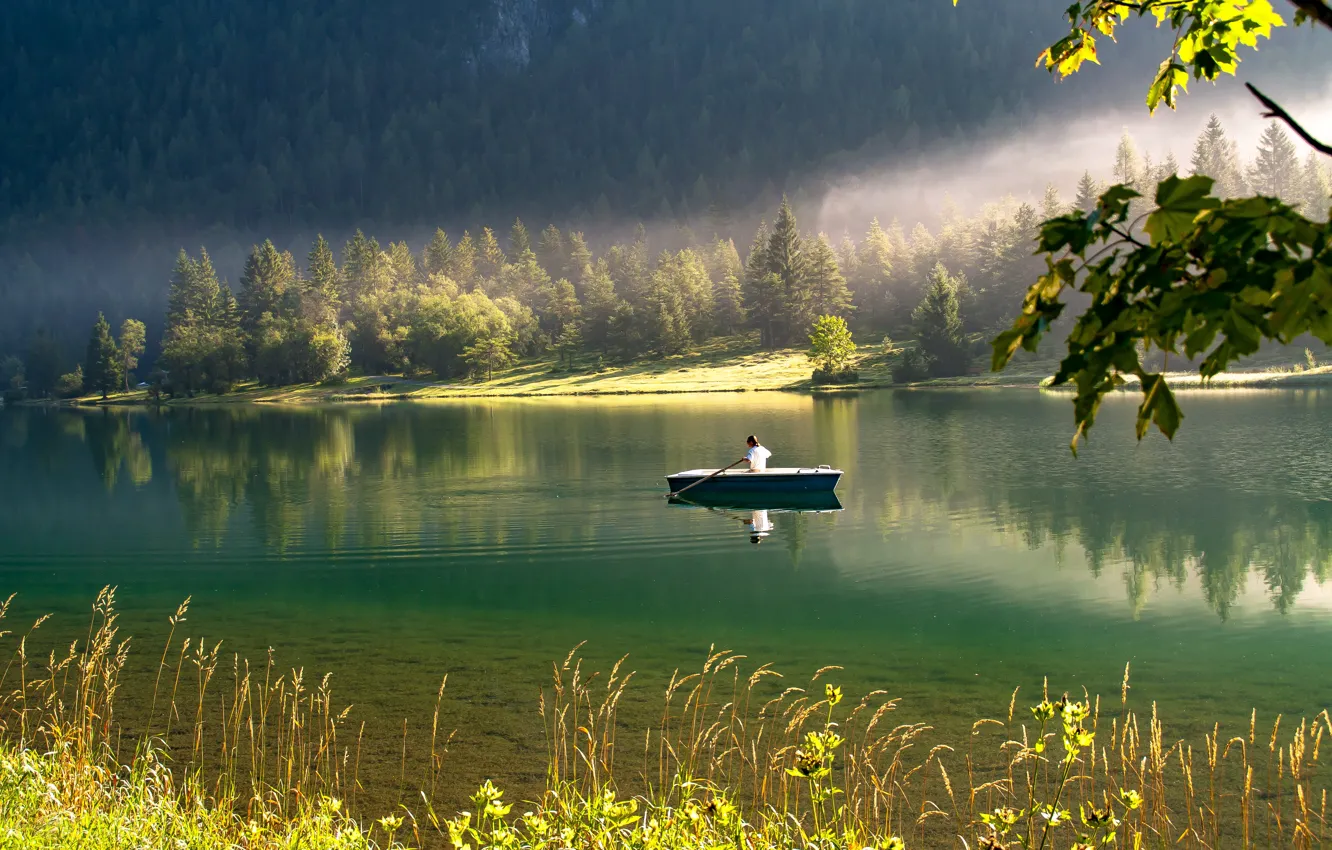 Photo wallpaper forest, grass, water, trees, nature, lake, reflection, boat