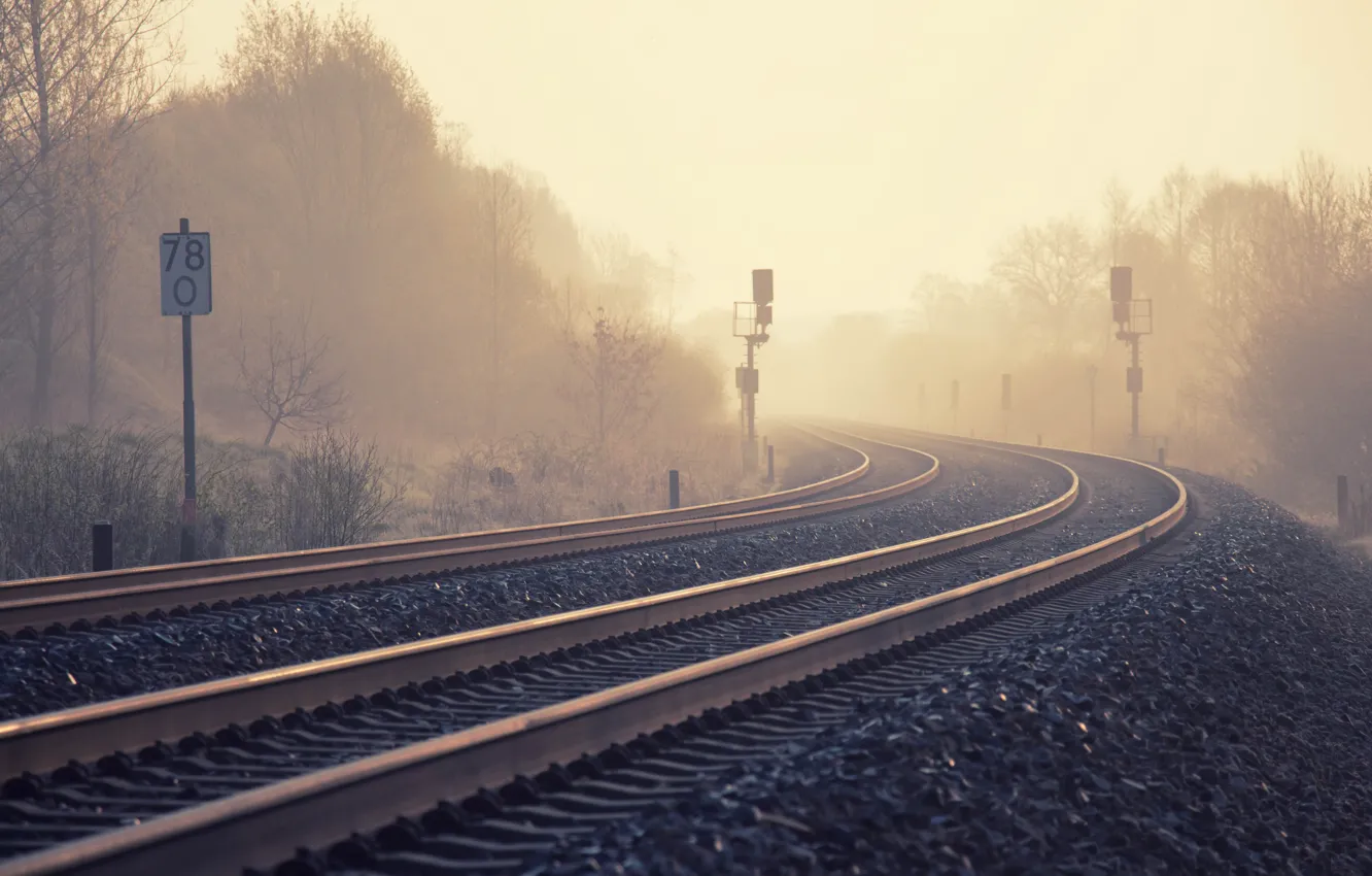 Photo wallpaper nature, fog, railroad