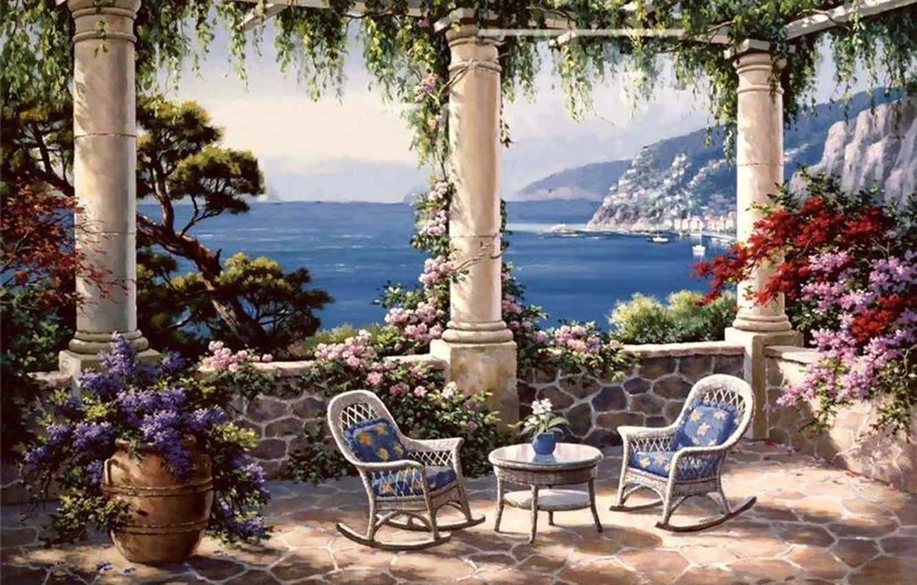 Photo wallpaper flowers, picture, columns, painting, sea, terrace, painting, Sung Kim