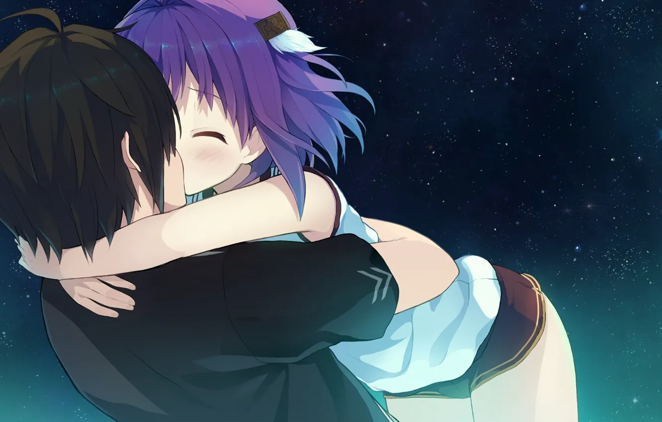 Photo wallpaper kiss, anime, hugs, pair, Aokana