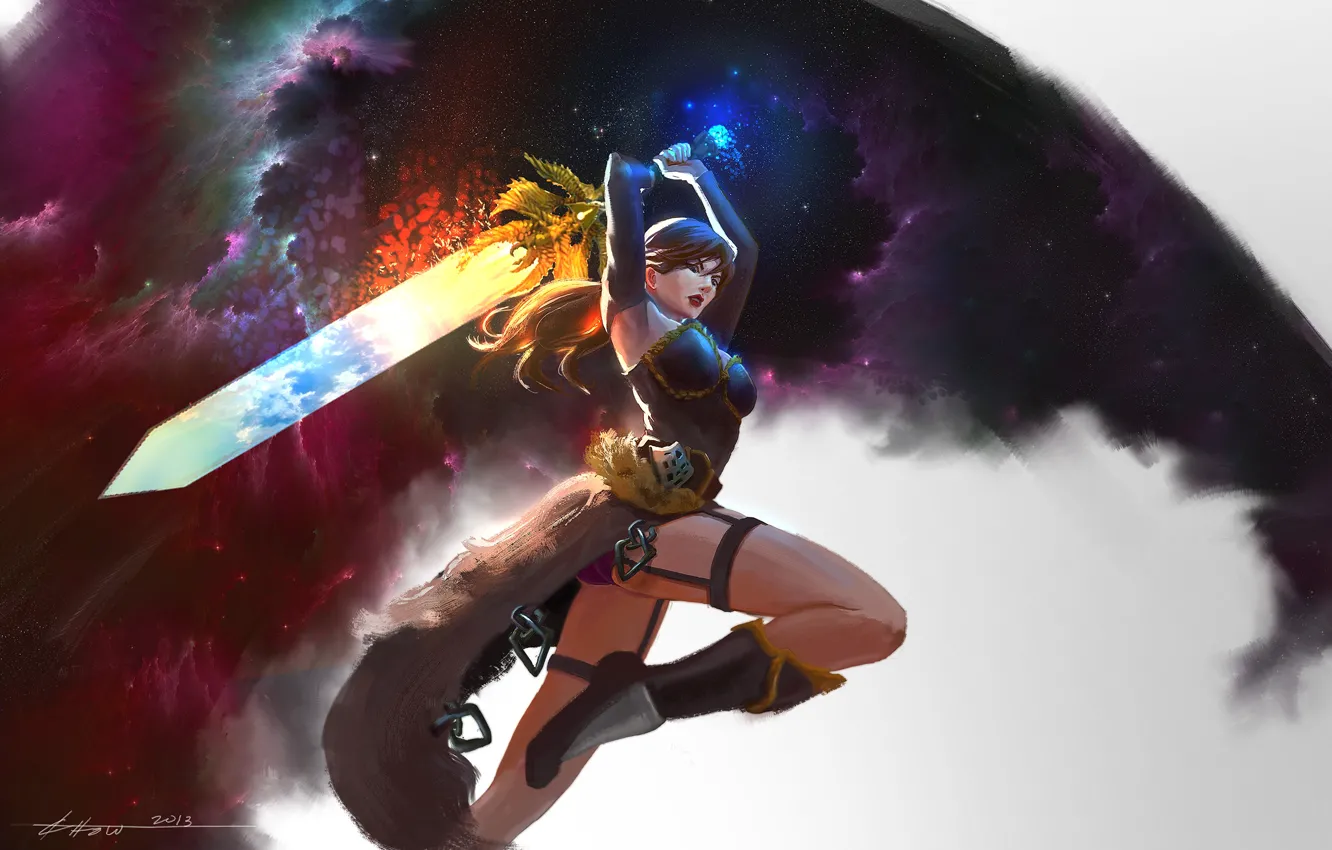 Photo wallpaper look, girl, weapons, background, hair, sword, boots, art