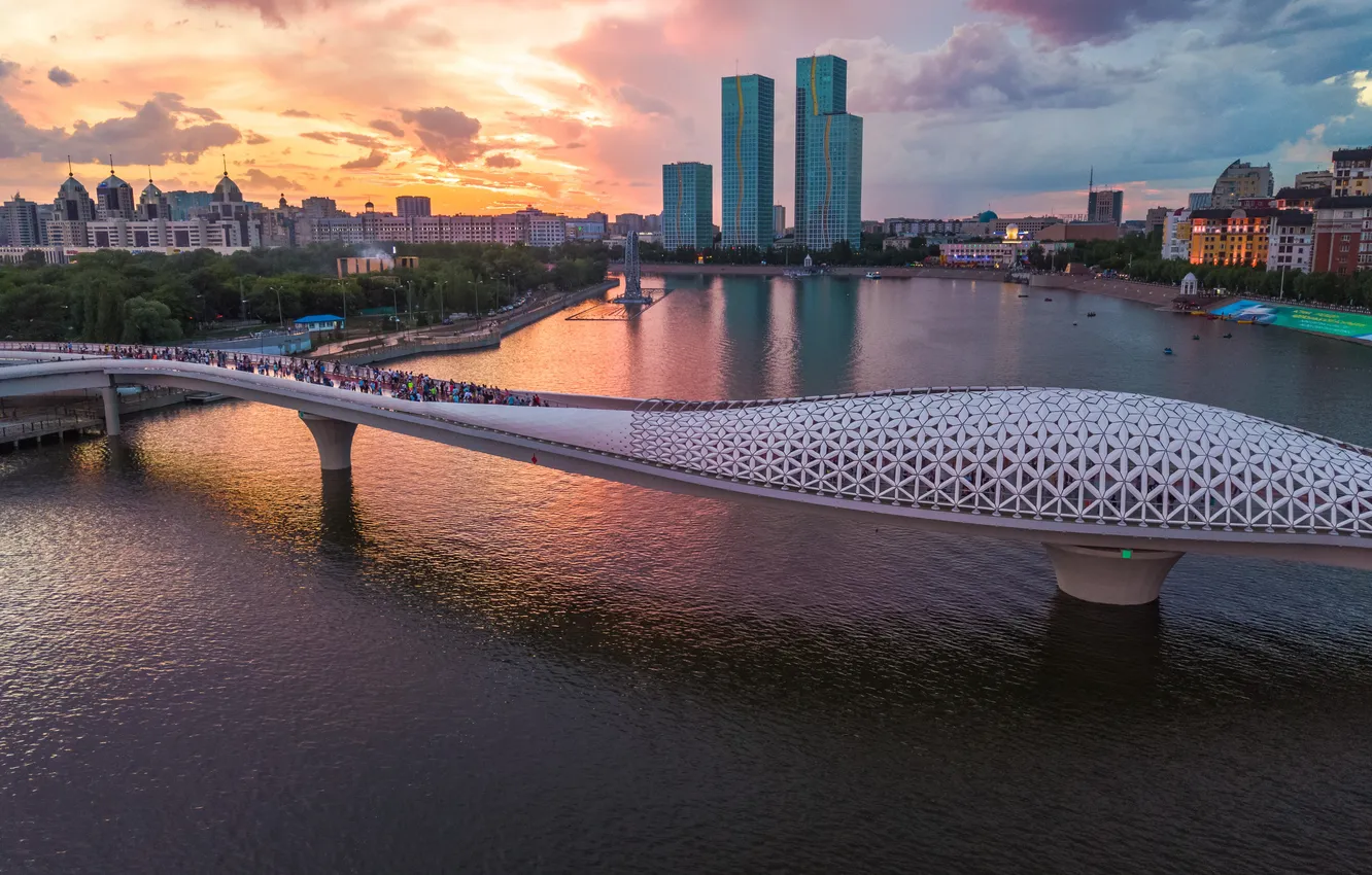 Photo wallpaper bridge, city lights, clouds, astana, building, city landscape, ishim river