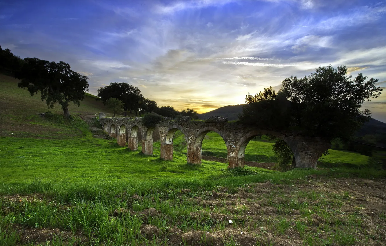 Photo wallpaper field, landscape, aqueduct