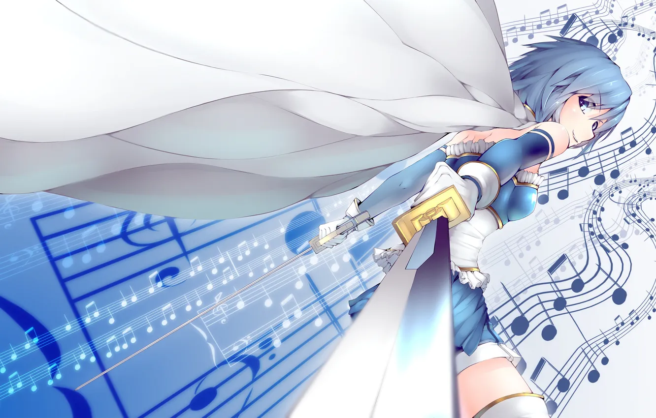 Photo wallpaper girl, notes, sword, art, cloak, mahou shoujo madoka magica, sayaka miki, hullzion