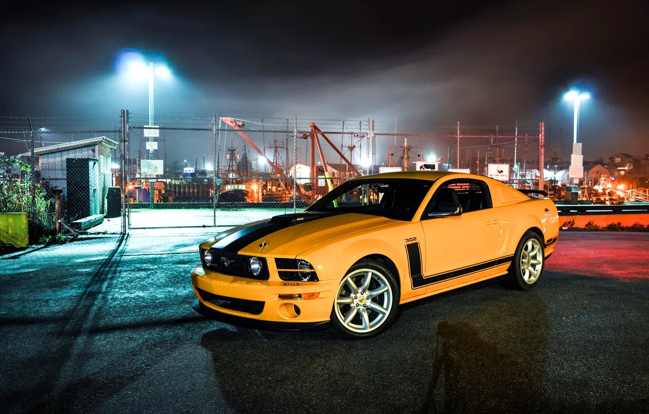Photo wallpaper night, yellow, Mustang, Ford, Mustang, the fence, lights, Ford