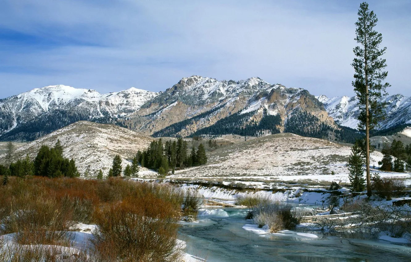 Photo wallpaper winter, snow, landscape, mountains, river, Nature, the bushes