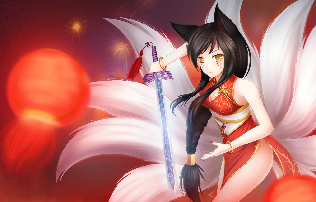 Photo wallpaper girl, Fox, ears, art, League of Legends, LoL, Ahri, Nine-Tailed Fox