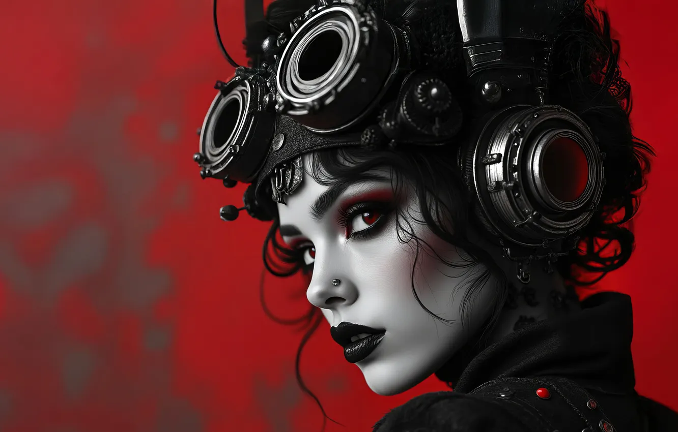 Photo wallpaper look, girl, face, portrait, headphones, glasses, steampunk, AI art