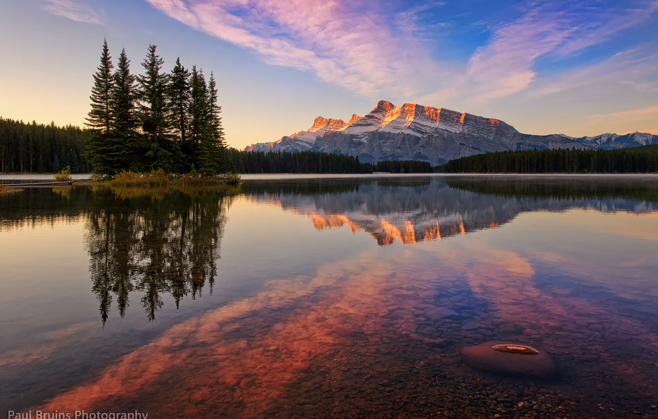 Photo wallpaper forest, the sky, clouds, reflection, sunset, mountains, lake, the evening