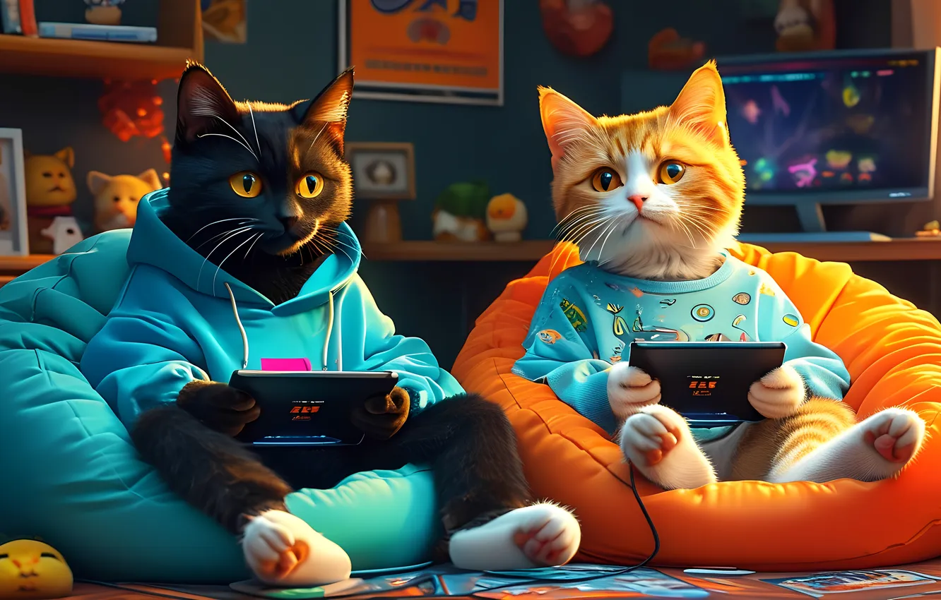 Photo wallpaper cat, tablet, black cat, red cat, gamer