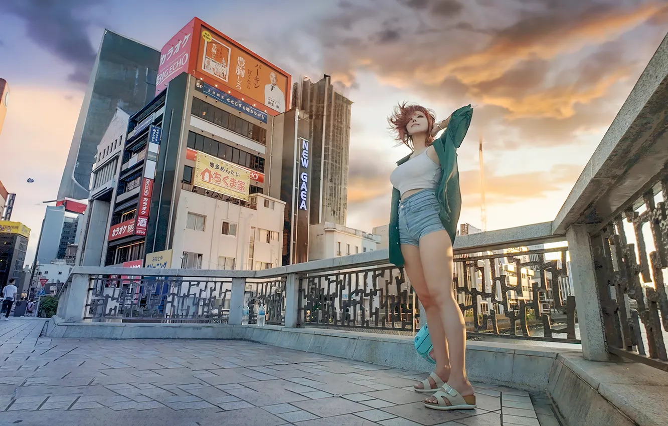 Photo wallpaper girl, sky, legs, sandals, jean shorts